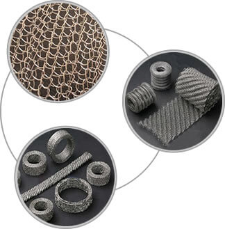 Three pictures about stainless steel knitted mesh, ginning knitting mesh rills and compressed mesh ring and bar.