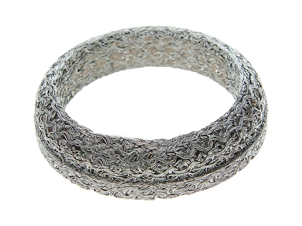 Compressed knitted mesh exhaust seal ring with a concave middle on a white background