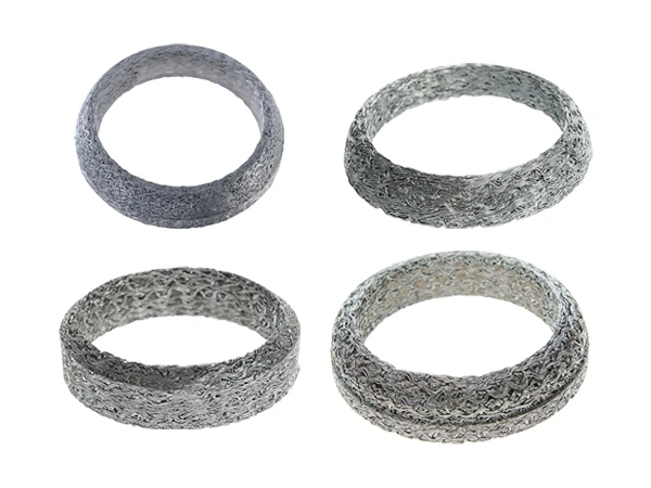 Four styles of compressed knitted mesh exhaust seal ring against a white background