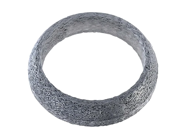 A compressed knitted mesh exhaust seal ring on a white background