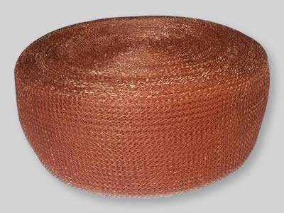 A roll of flatten copper knitted mesh on the white background.