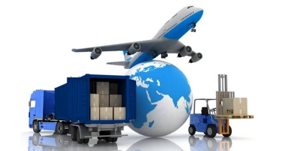 Airplane, ship and truck transport goods all over the world.