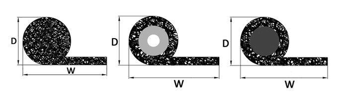 Tres dibujos de junta de malla de alambre de punto redonda con forma de cola.