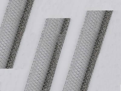 Three knitted wire mesh gaskets in round with tail shape.