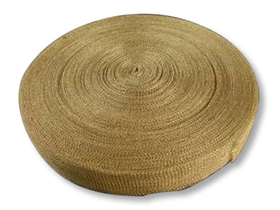 A roll of brass knitted wire mesh tape on the white background